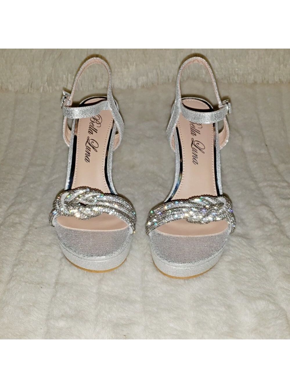 Gorgeous Silver Shimmery Platform Rhinestone High Heel Sandals Shoes - Picture 11 of 13
